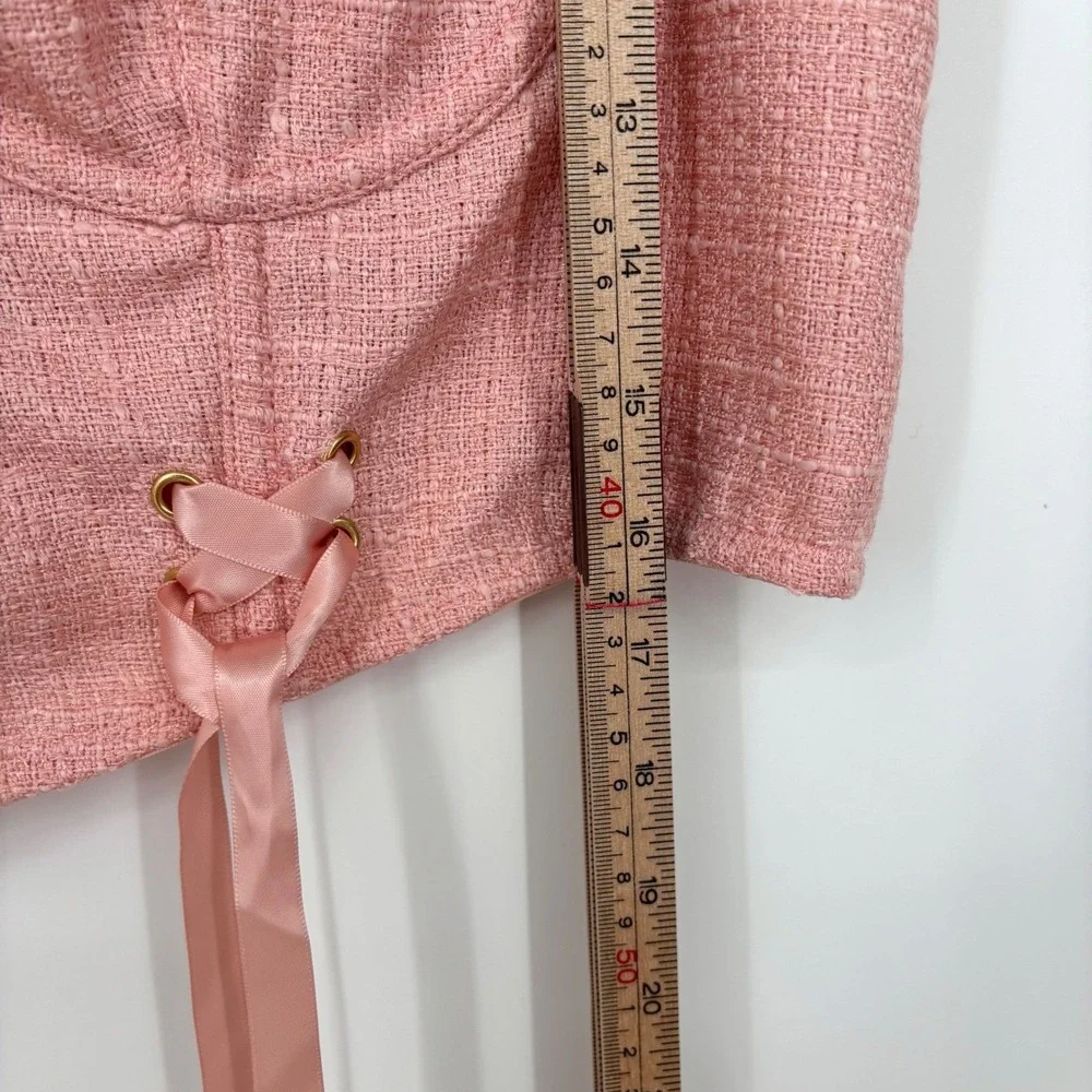 Anthropologie Tweed Corset Bustier Top Sz XL Pink Ribbons Feminine Sexy Romantic - Picture 14 of 14